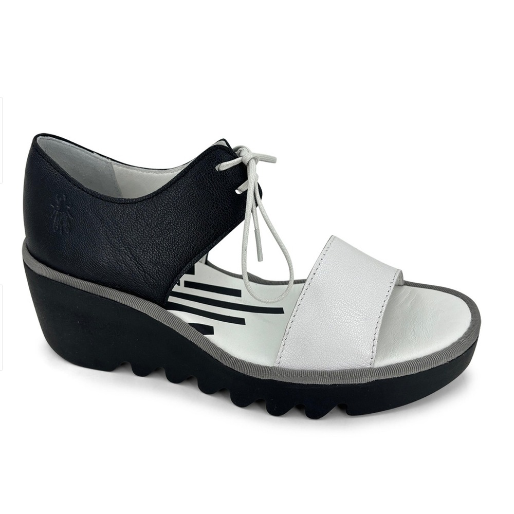 FLY LONDON Black White Leather Lace Up Platform Wedge Sandals EU39 US8-8.5